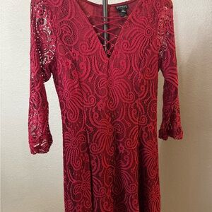 Enfocus Studio Red Lace Lace-Up V-Neck Midi burgundy color Dress